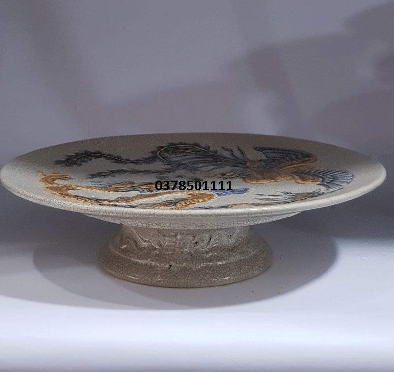 Mâm bồng men rạn vẽ rồng phượng 16cm