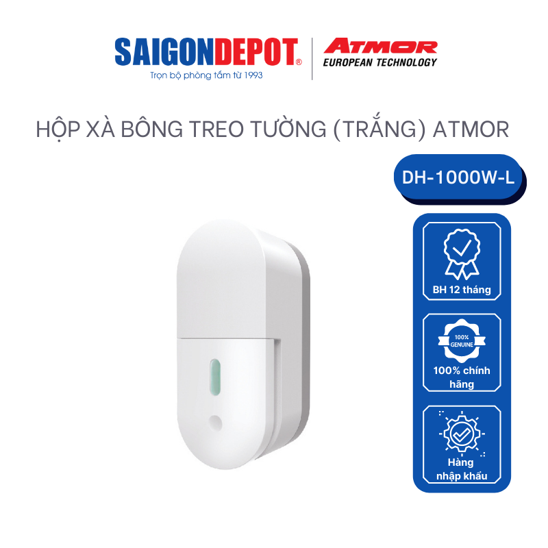 Hộp nhấn xà phòng -ATMOR-SaigonDepot DH-1000W-L-dung tích 1000ml chất liệu nhựa ABS trắng thích hợp nhiều thiết kế - bảo hành chính hãng 12 tháng