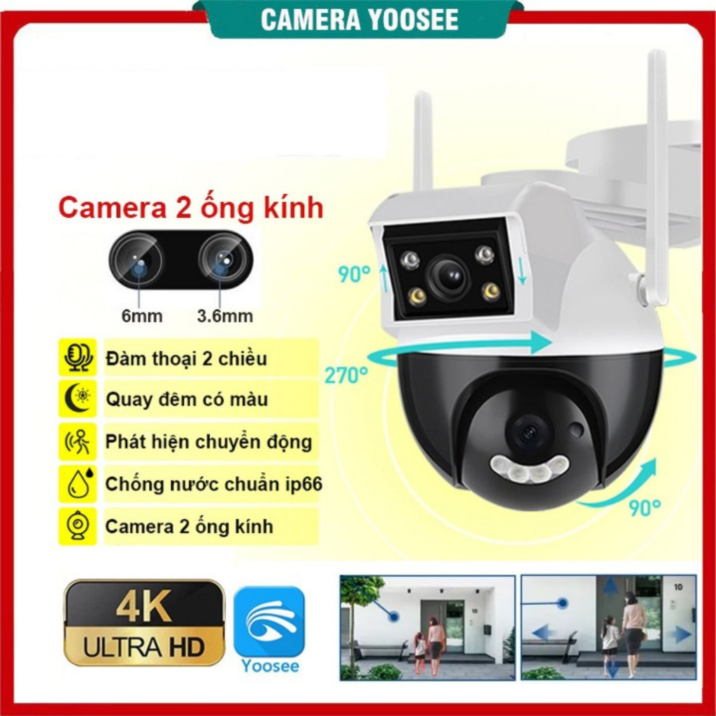 Camera Yoosee Wifi 2 Mắt giám sát Ngoài Trời Không Dây Ip66 Thông Minh chống nước an toàn AI - FHD 4.0mpx Siêu Nét