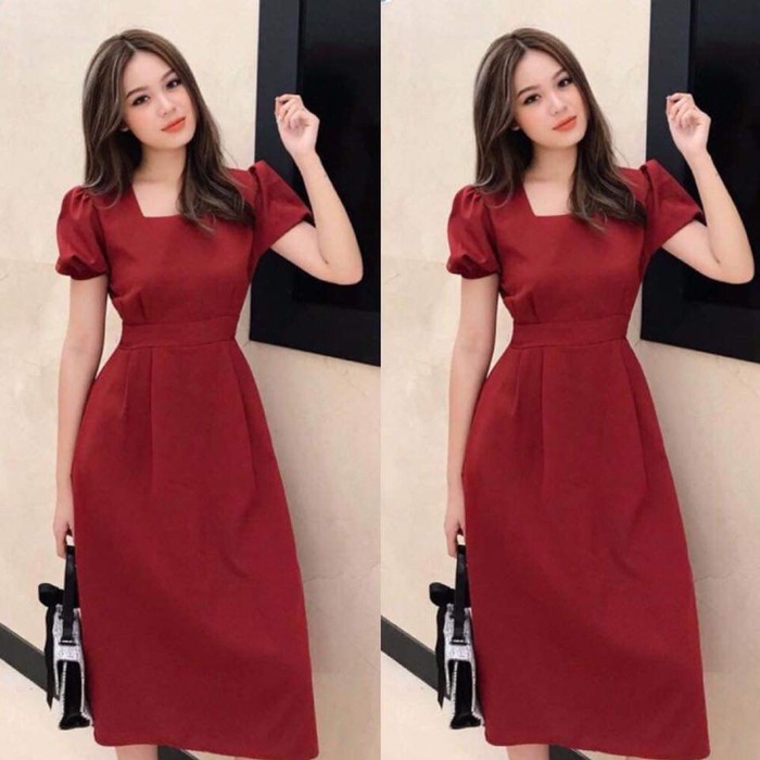 [HCM]Đầm cổ vuông tay phồng thắt nơ eo