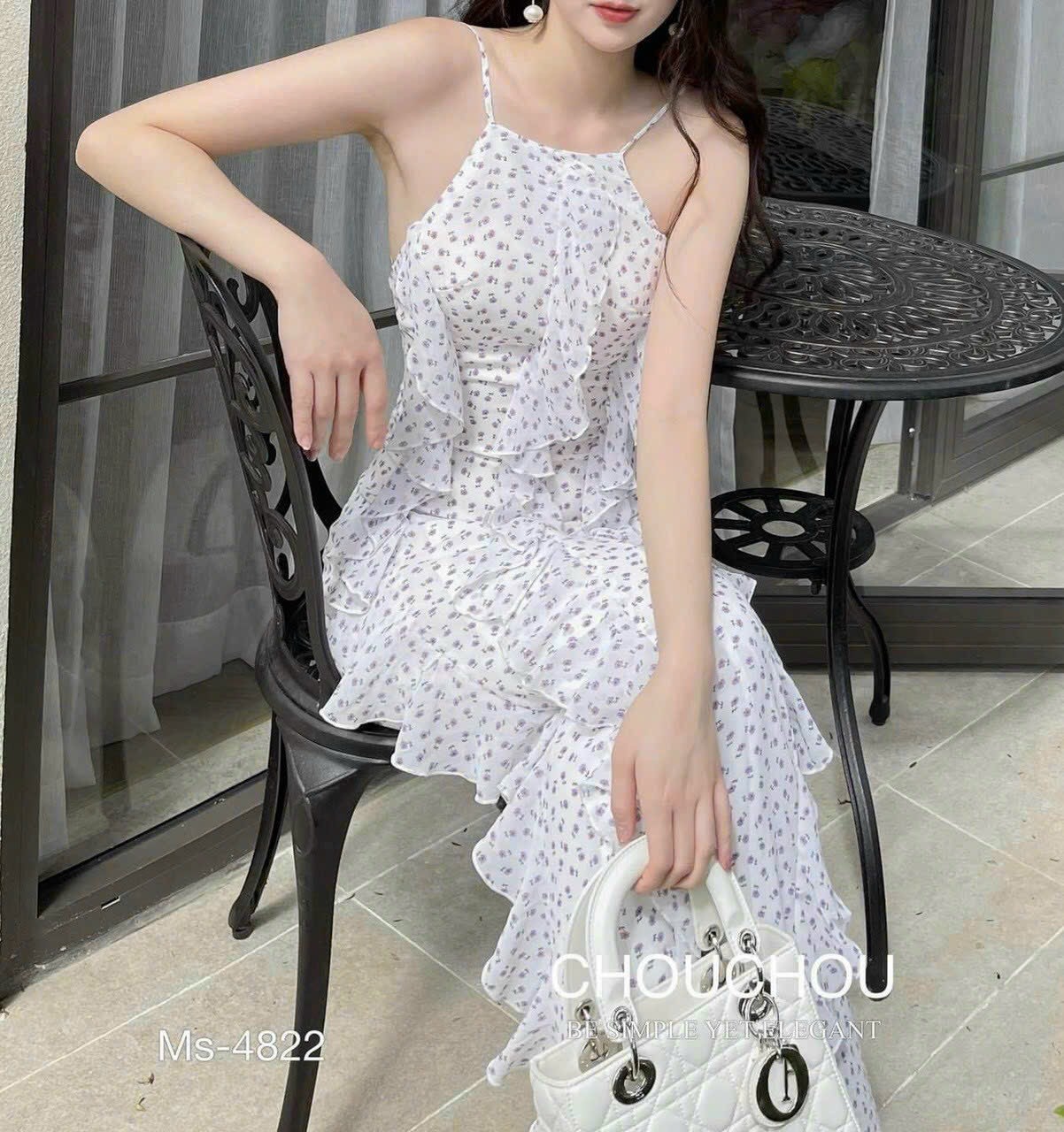 Đầm xòe voan hoa cổ yếm phối bèo có mút