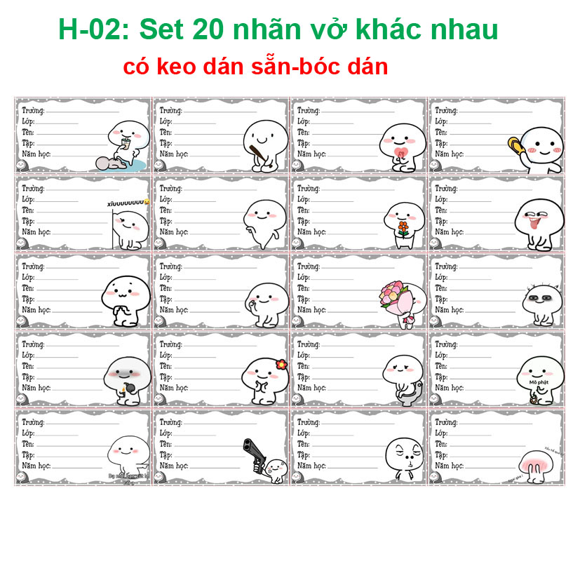 Nhãn vở Meme Đàu Tròn- nhãn dán Meme Đàu Tròn( set 20 nhãn vở khác nhau)