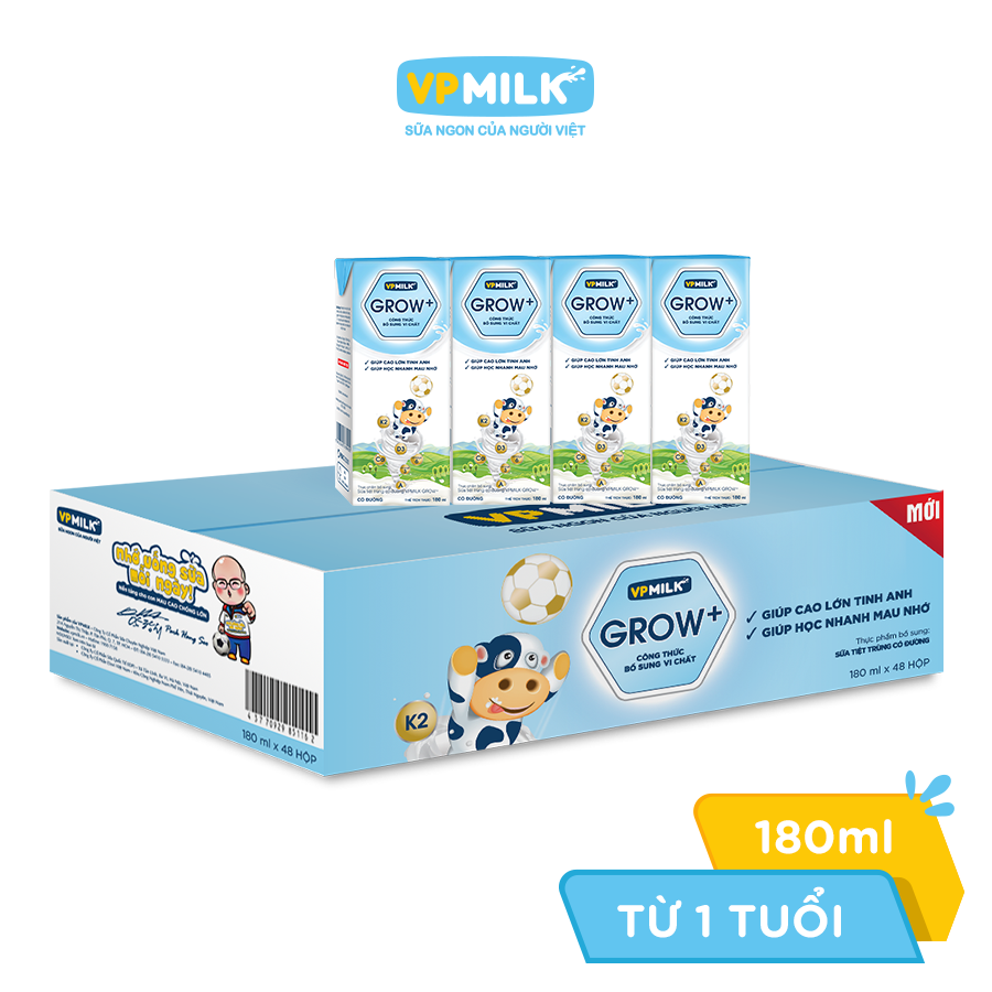 Sữa Tiệt Trùng Có Đường VPMilk Grow+ Hộp 180ml (Thùng 48 Hộp)