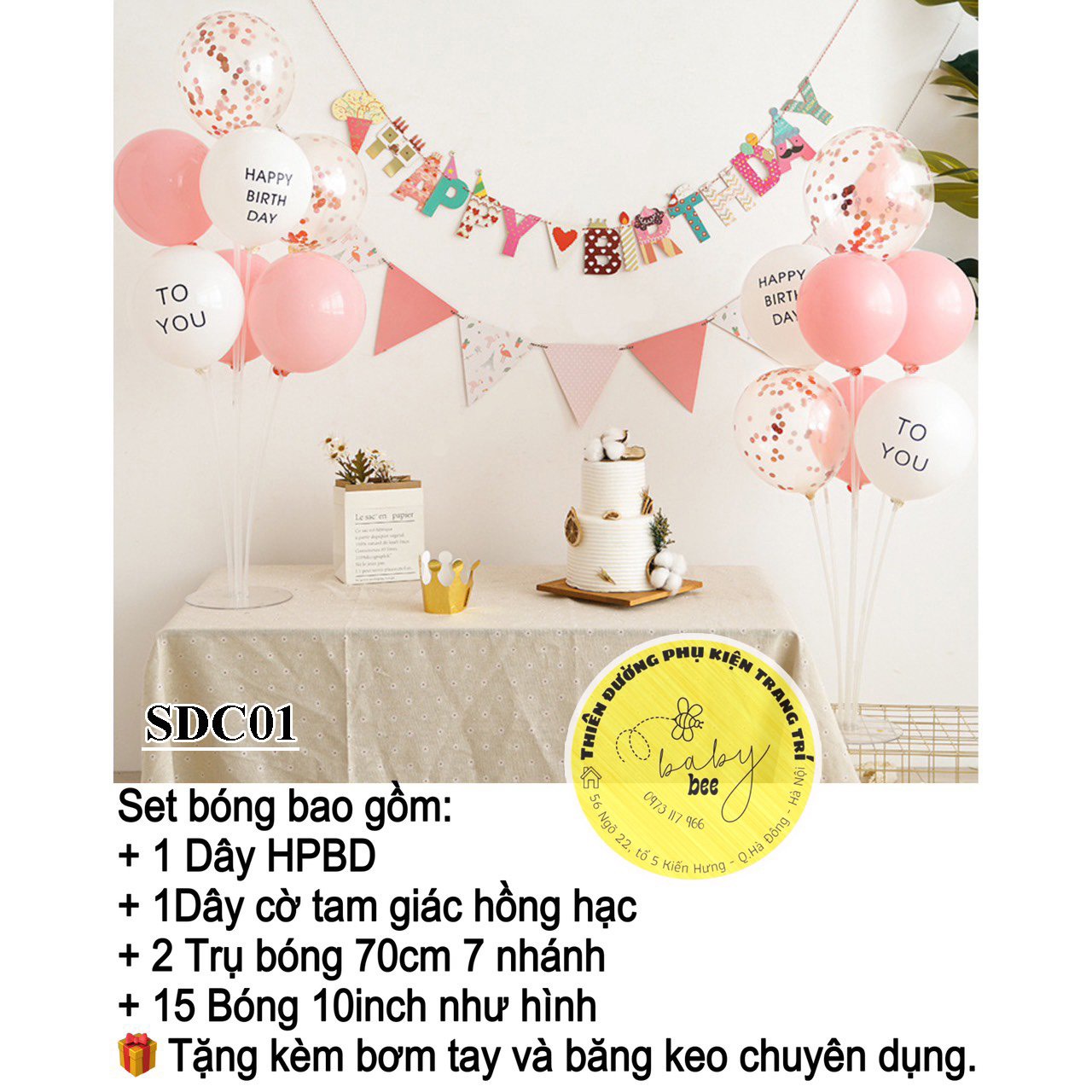 Set bóng trang trí sinh nhật kèm trụ bóng bay SDC Baby bee