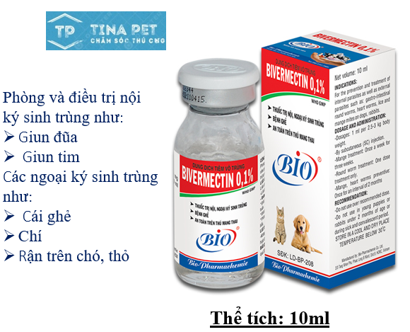 BIVERMECTIN 0,1% 10ml. Dùng cho chó mèo nhiễm ve, rận, bọ chét, giun đũa, giun tim
