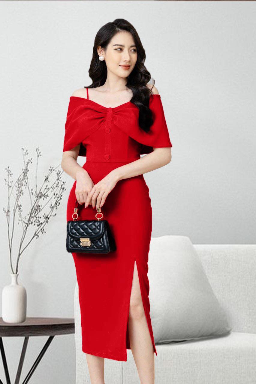 [HCM]Đầm tễ vai nút sang trọng