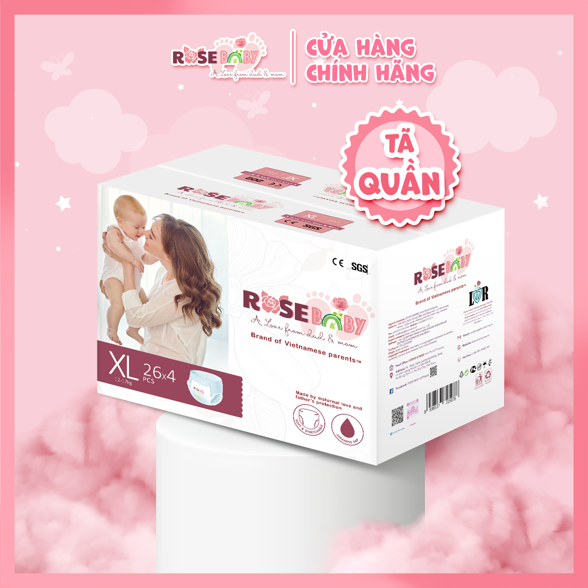 Thùng Tã Quần ROSE BABY Size XL (104 miếng)