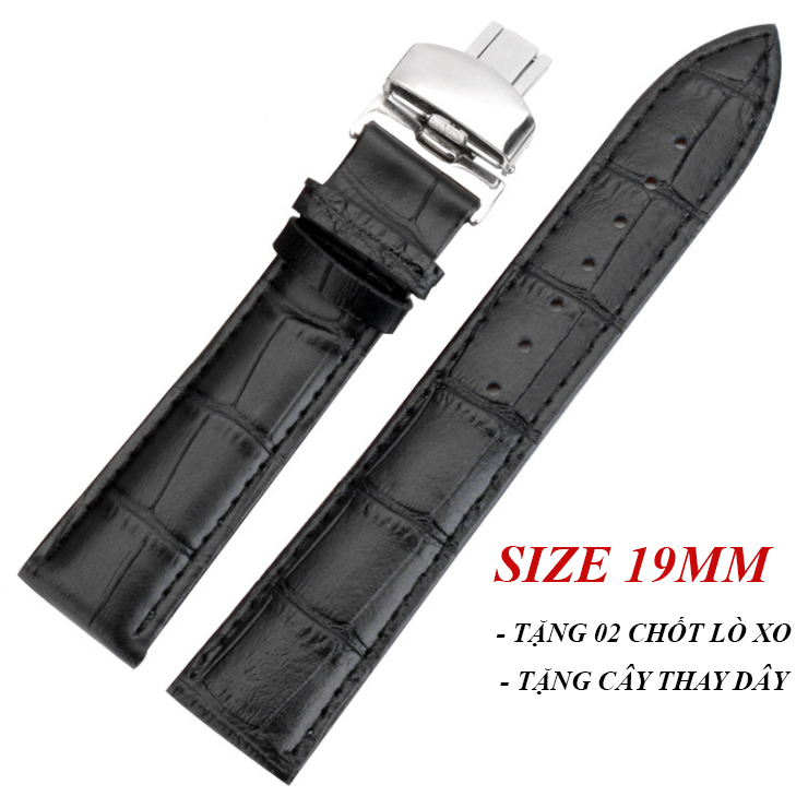 [HCM]Dây đồng hồ da bò cao cấp SIZE 19mm ( Da Đen) kèm khóa bướm thép không gỉ 316L (Bạc)