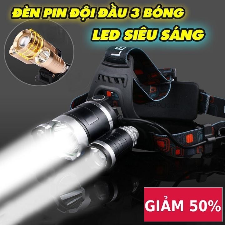 Bán Bóng Đèn Led - (Đèn Tốt )Đèn Pin Đội Đầu Siêu Sáng - Đèn Pin Led Siêu Sáng Đội Đầu 3 Bóng (Đen) Nhiều Chế Độ Tặng Kèm Pin Và Sạc