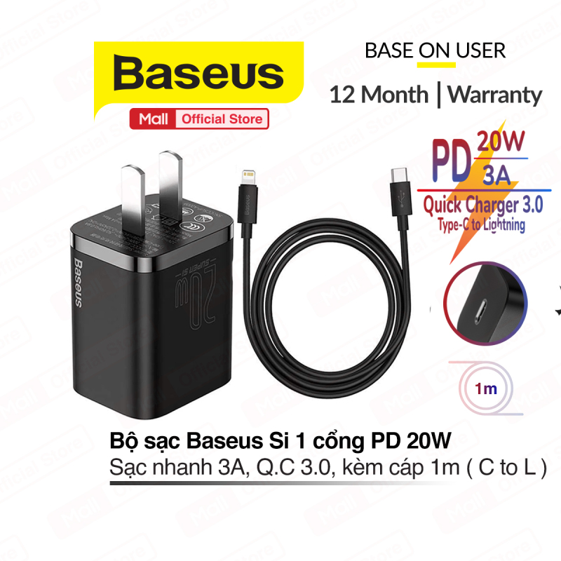 Bộ sạc nhanh Baseus Super Si cốc 1 cổng Type-C PD 20W nhỏ gọn tiện lợi, kèm cáp tương thích với nhiều dòng iPhone/iPad... ( 1m )