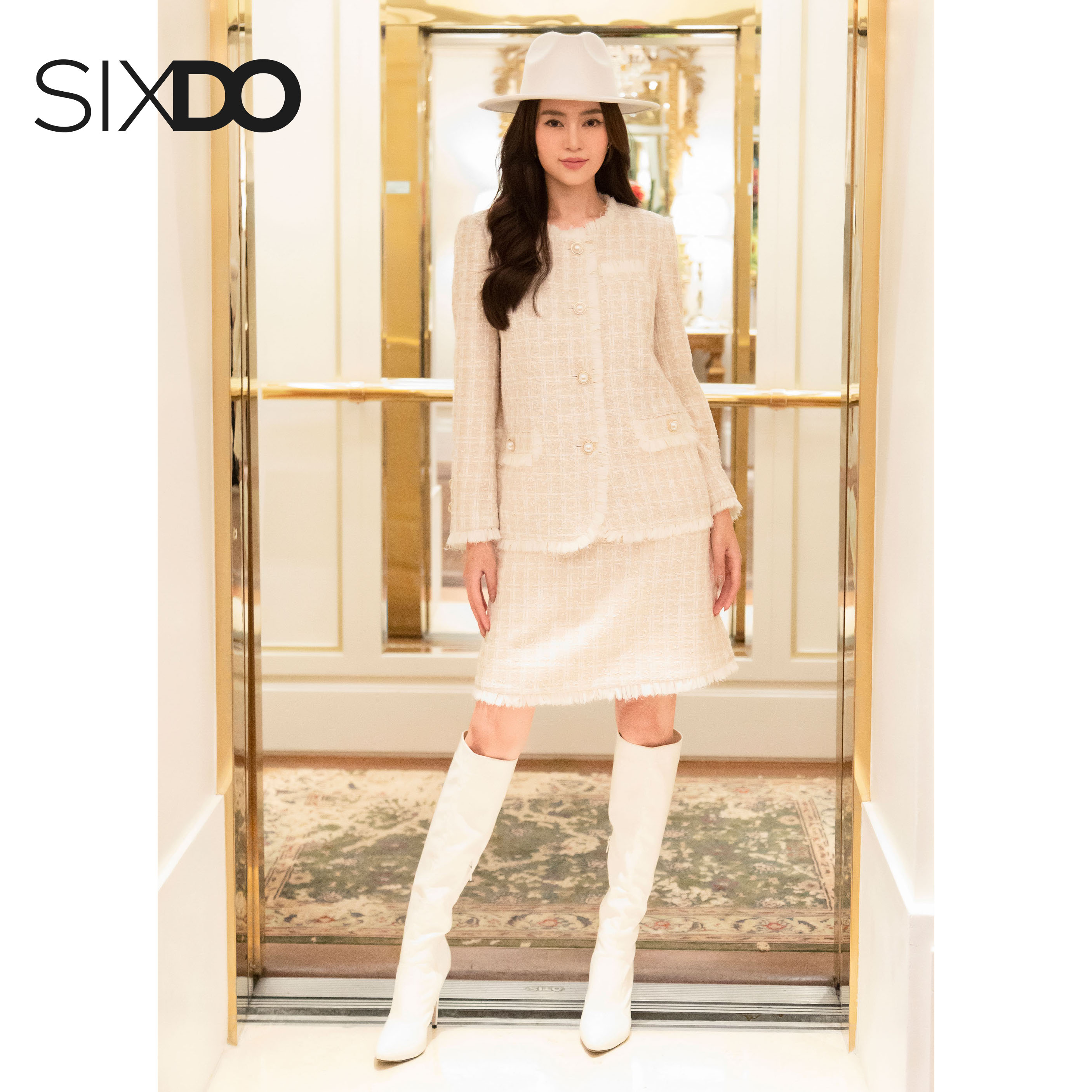 Chân váy chữ A dạ tweed be SIXDO (Beige Mini Tweed Skirt)