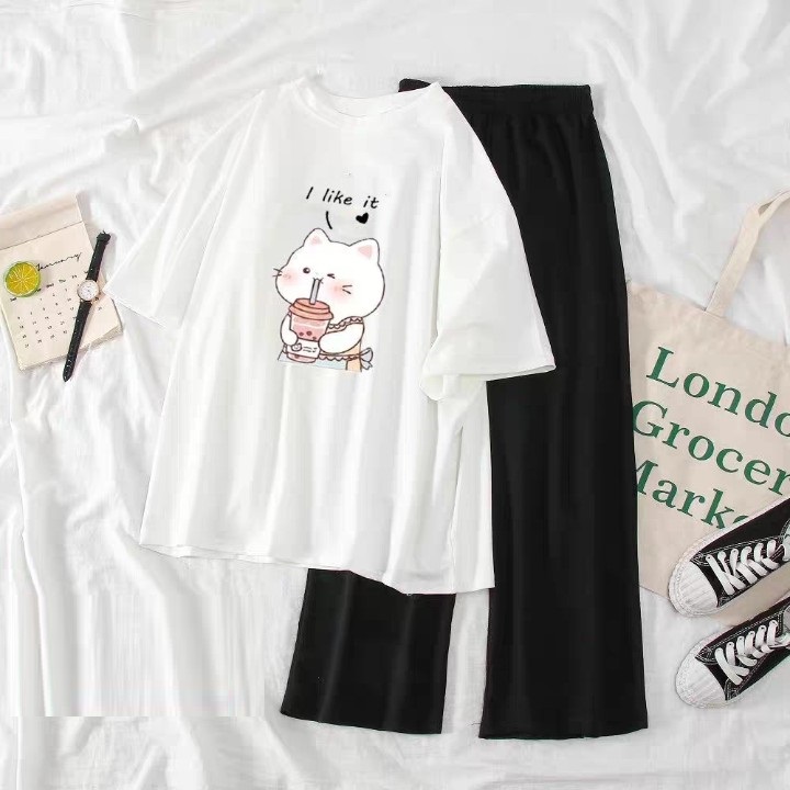 Sét Quần Áo Nữ Thời Trang Đường Phố Áo Cotton In Cô Gái Đeo Kính Kèm Quần Phong Cách Hàn Quốc Mặc Đi Chơi