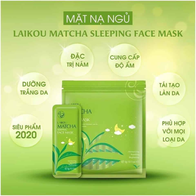 1 gói mặt nạ ngủ Laikout macha nhỏ 3g(tách bịch lớn) Trà Xanh dưỡng da cao cấp làm mát phục hồi tri nám làm trắng da chăm sóc chuyên sâu phù hợp tất cả mọi loại da
