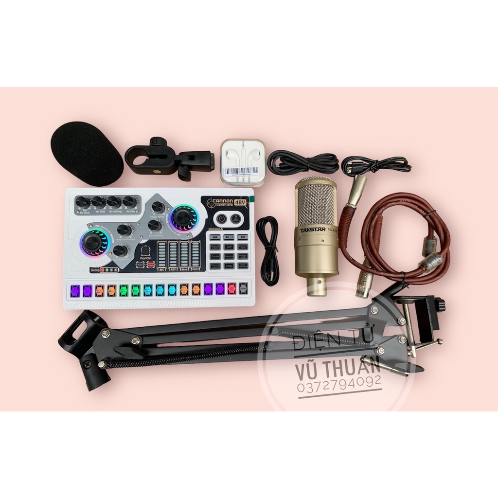 Combo Bộ Mic Thu Âm Livestream PC K200 +Sound card x5 có nguồn 48v + chân kẹp bàn tặng tai nghe