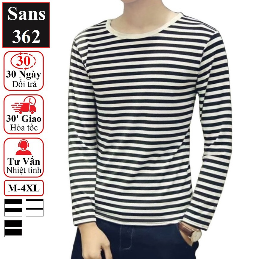 Áo thun nam dài tay kẻ sọc ngang Sans362 co giãn giữ nhiệt trẻ trung cổ tròn đẹp thời trang bigsize 3xl 4xl giá rẻ