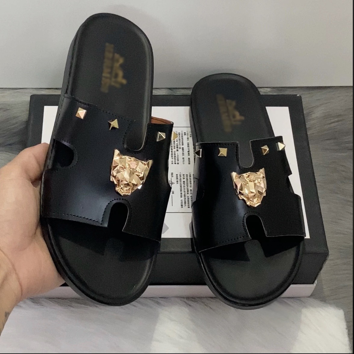 Dép lê da H đen mặt vàng nam