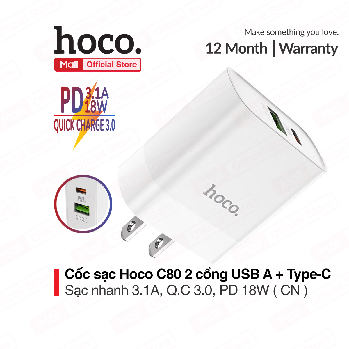Cốc sạc Hoco C80 2 cổng ( USB + Type- C ) 3.1A PD 18W Q.C 3.0 hỗ trợ sạc nhanh cho điện thoại
