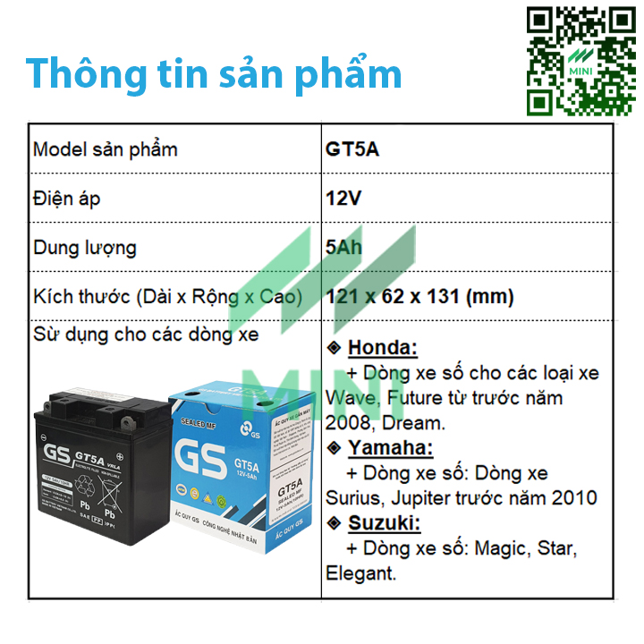 Bình ắc quy khô GS MF GT5A(12V-5Ah)