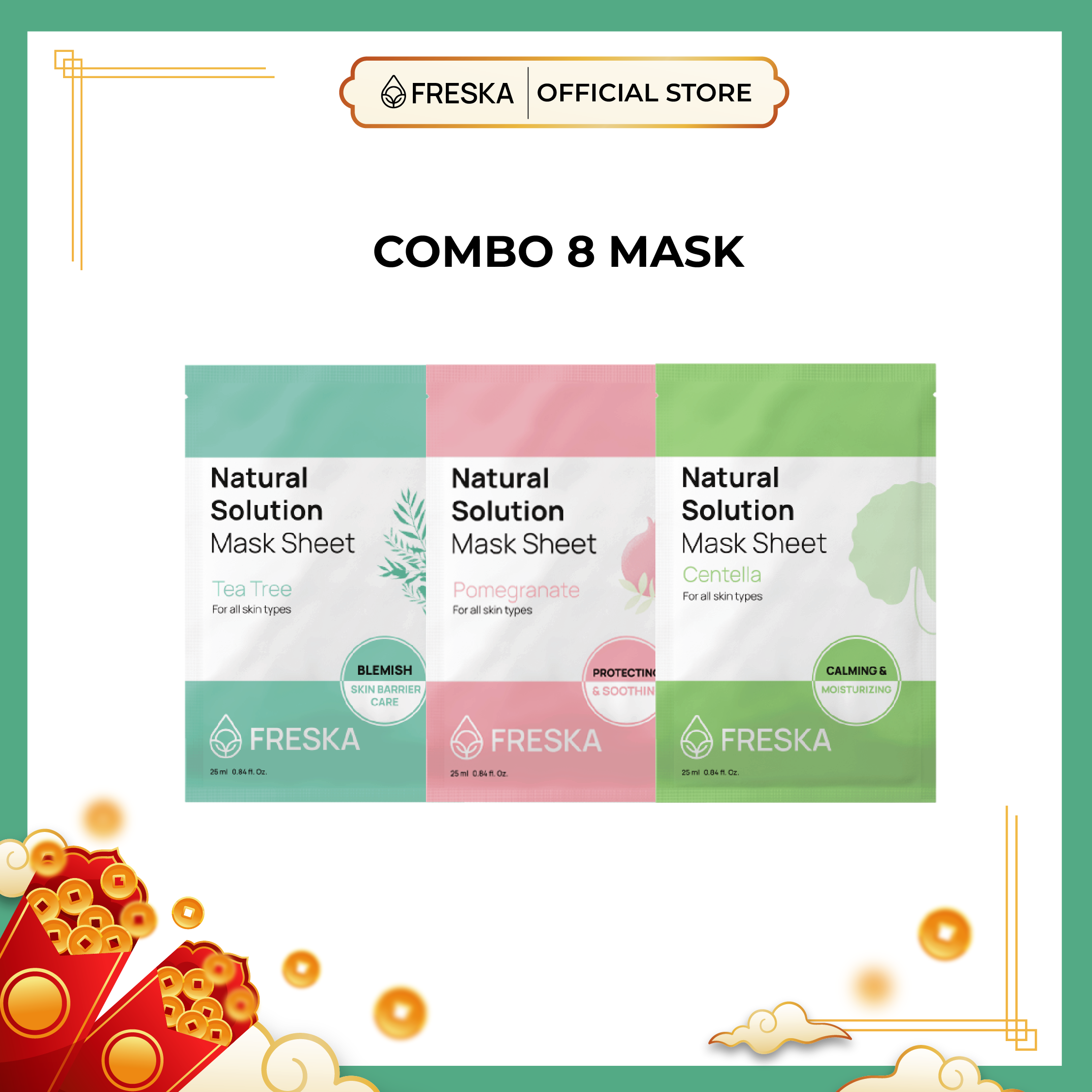 Combo 8 mask Natural Solution Mask Sheet 25ml (2 centella+2 Pomegranate+4 tea tree)