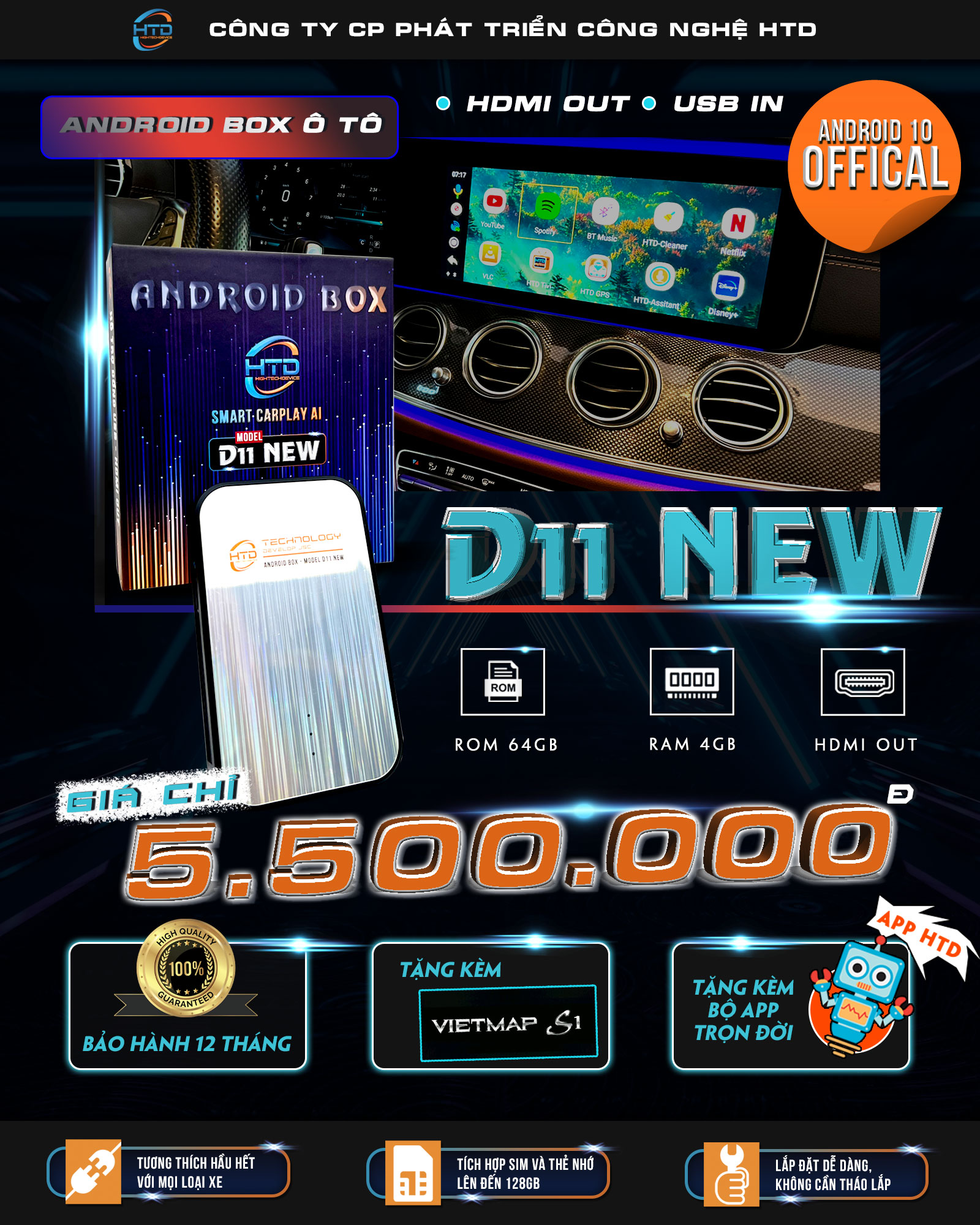 HTD Android box ô tô D11 New - Android 10 - HDMI