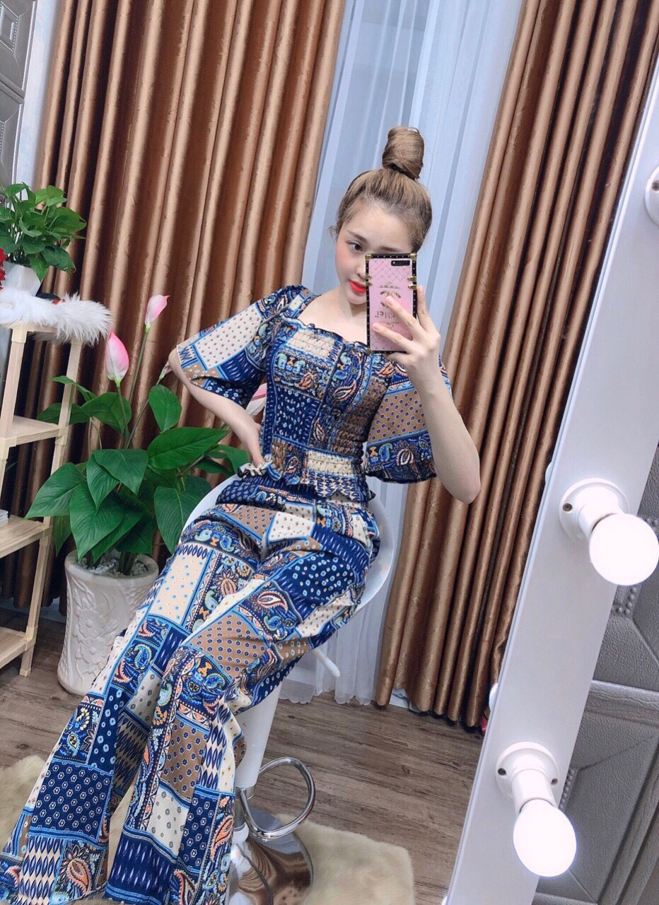 Sét bộ lụa thổ cẩm tay ngắn ống rộng -MTB