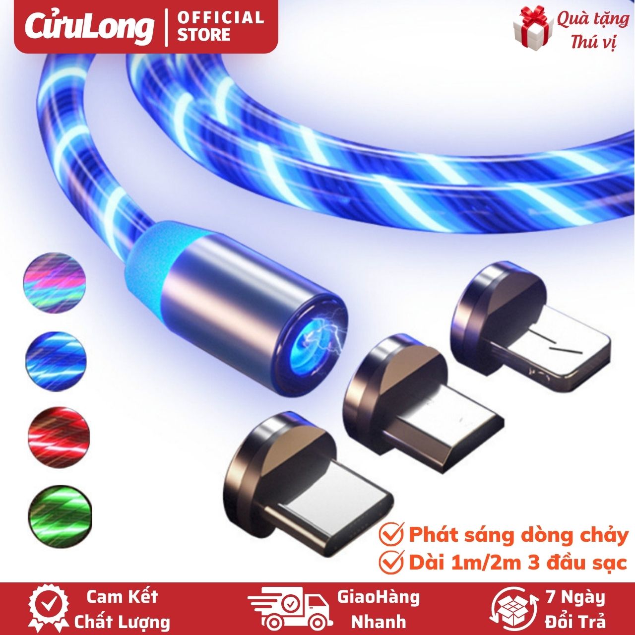 Cáp Sạc Điện Thoại Phát Sáng Nam Châm Đa Năng 3 Đầu Sạc, Đèn Led Dòng Chảy, Chống Xoắn Gãy Gập, dây sạc từ tính nhiều đầu