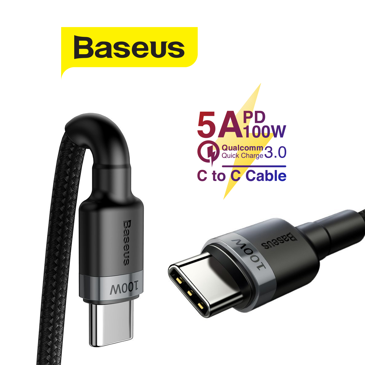 Cáp sạc Baseus Cafule nylon dây bện C to C PD Cung cấp năng lượng 2.0 100W 20V 5A 2m MÀU XÁM (CATKLF-ALG1)