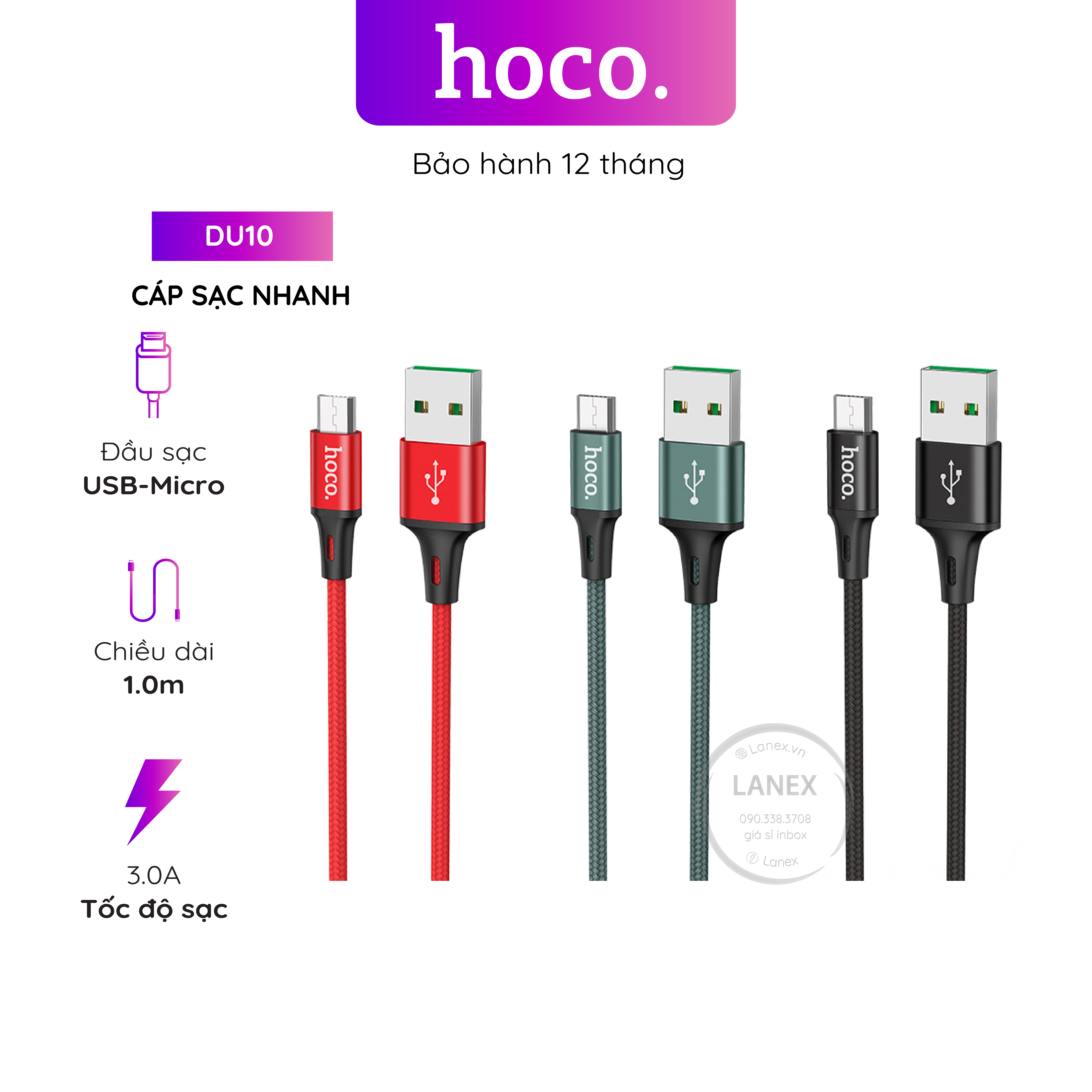 Cáp Sạc Nhanh Hoco Du10 Dây Dù Micro 3.0a Dài 1.0m