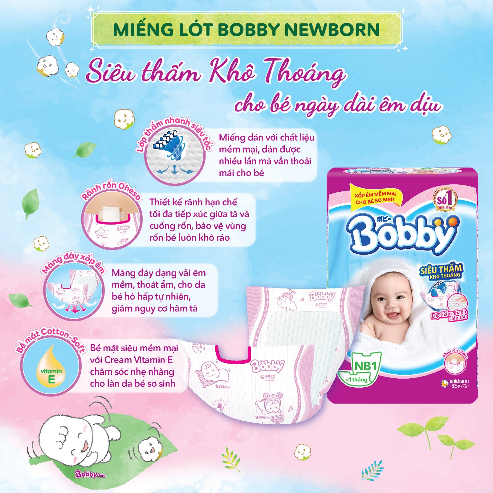 Miếng Lót Sơ Sinh Bobby NB2 60 miếng (4-8kg)