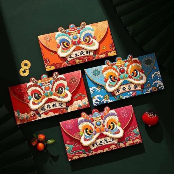 Set 4 Bao Lì Xì Đầu Lân May Mắn Tết 2026