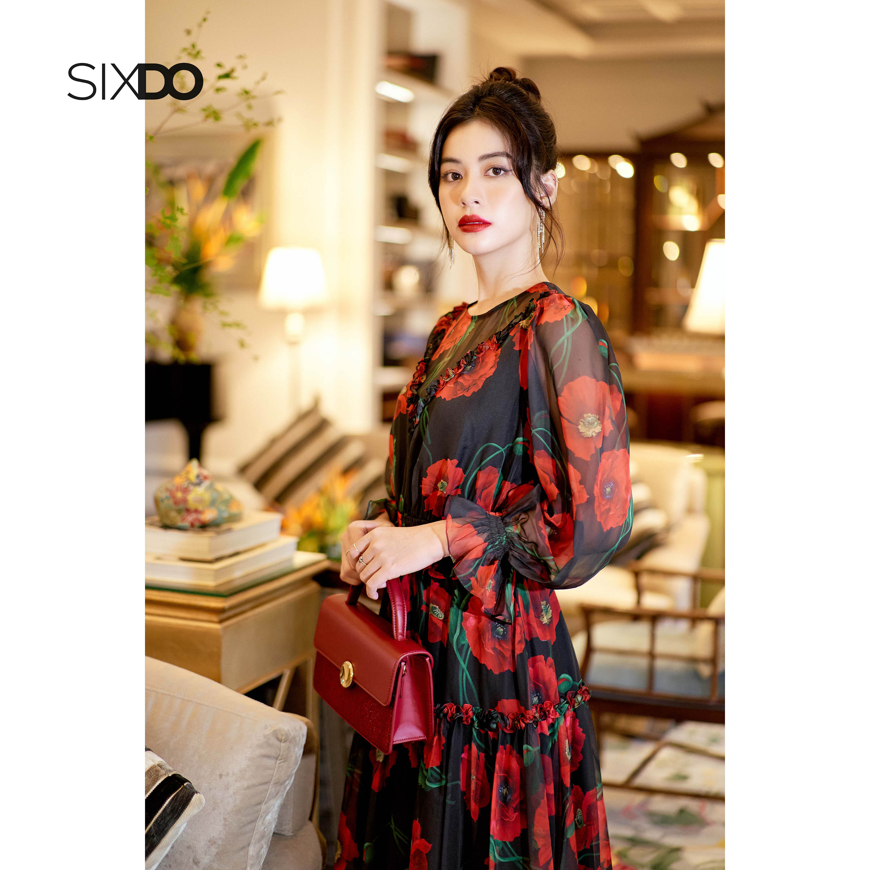 Đầm voan hoa tay phồng cổ tròn SIXDO (Black Poppy Puff-sleeves Midi Voile Dress)