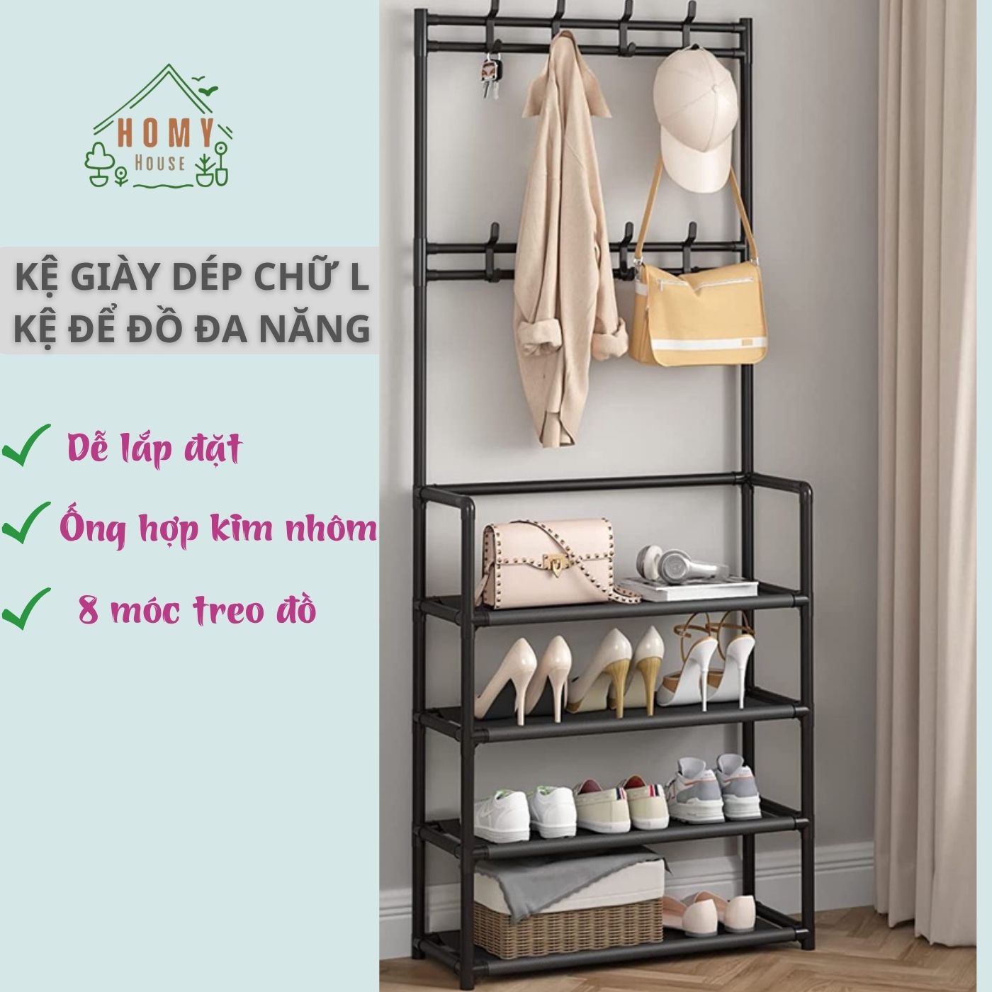 Kệ để giày dép chữ L 5 tầng 2 màu đen trắng ,giá kệ để đồ đa năng có móc treo đồ tiện lợi chất liệu thép phun sơn tĩnh điện candy store