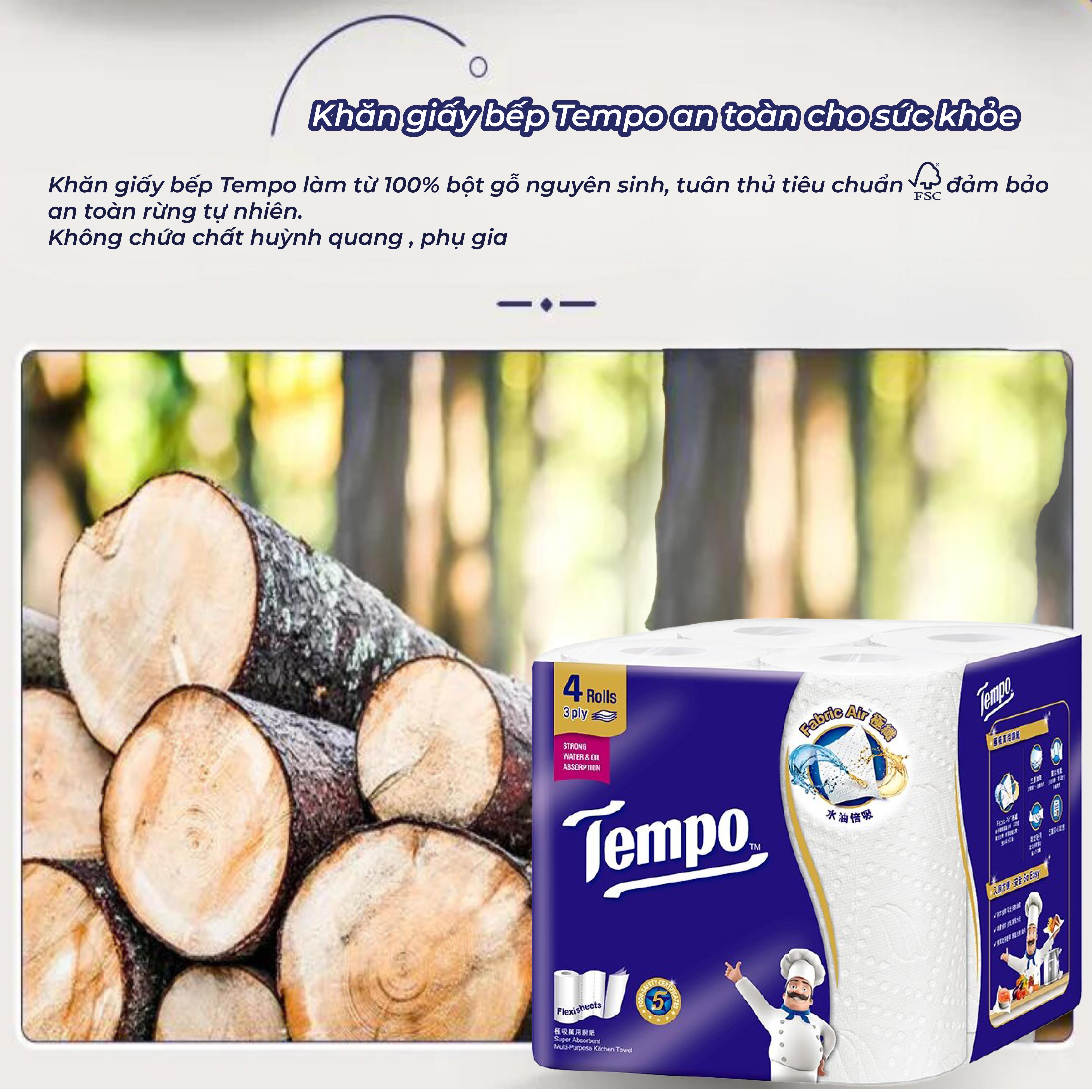 [2 LỐC BẾP CUỘN] Khăn Giấy Bếp Cuộn Đa Năng Siêu Thấm Tempo (Lốc 4 Cuộn)