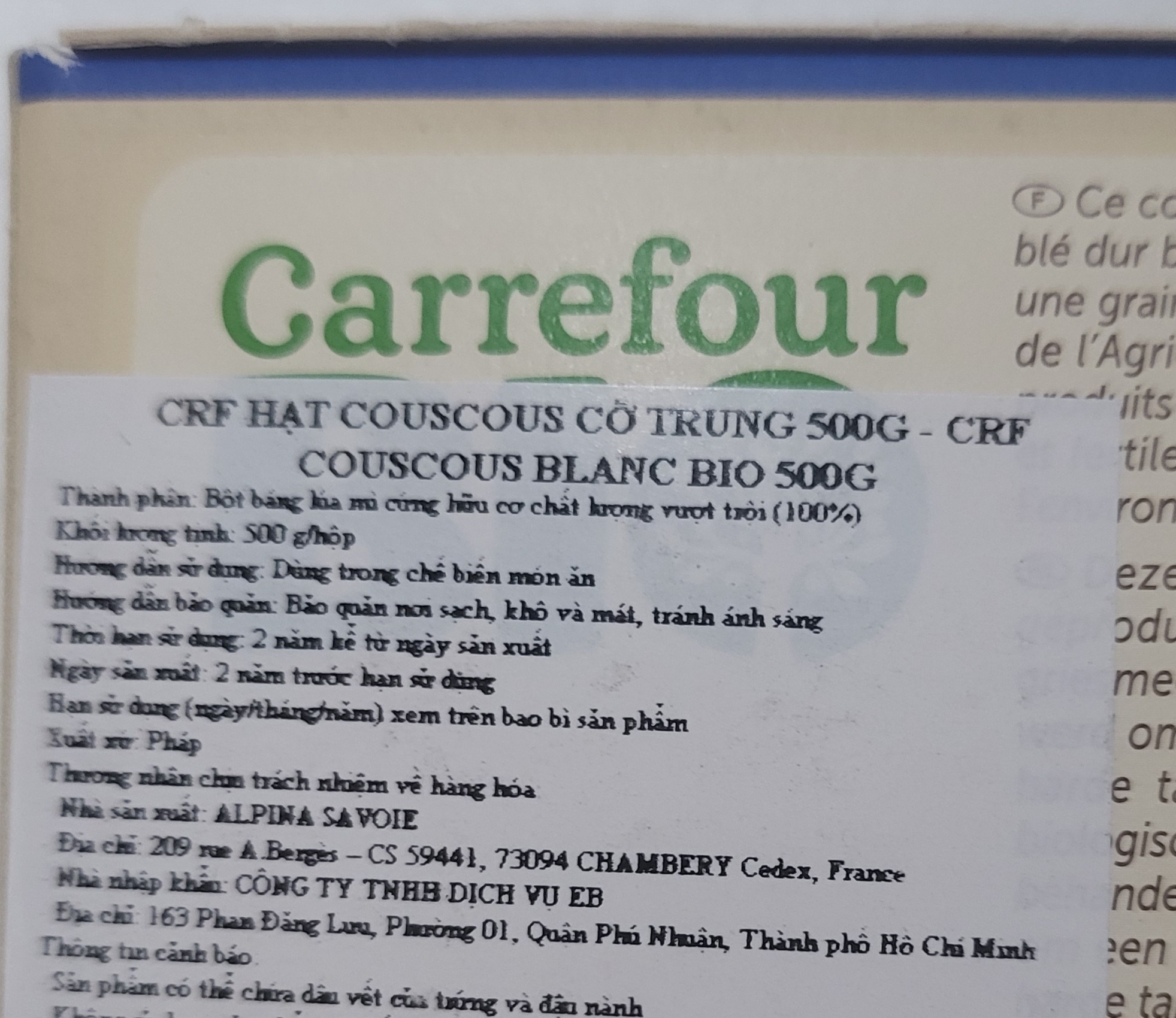 [Hộp 500g] HẠT LÚA MÌ CỨNG HỮU CƠ [France] CARREFOUR Bio CousCous (atp)