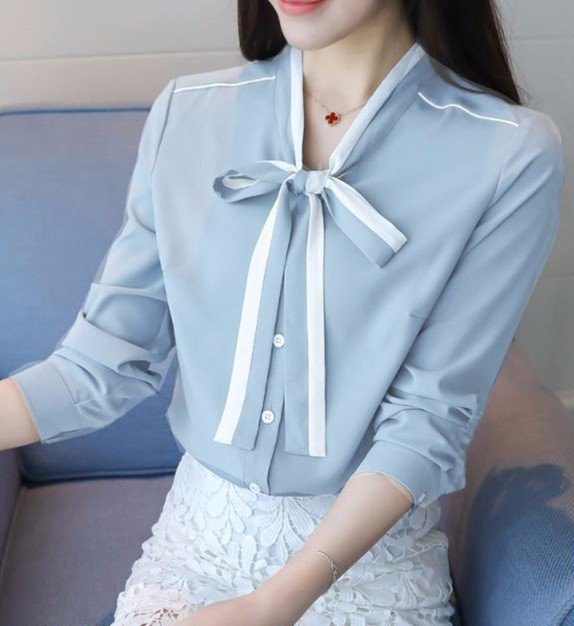 Áo sơ mi phối màu kèm nơ cổ tay dài tay dài ❤️💥freeship❤️💥 áo kiểu nữ công sở