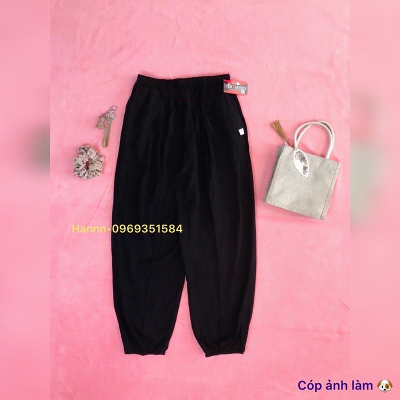 Quần lanh dài đen trơn bo gấu alibaba (dài 98cm)