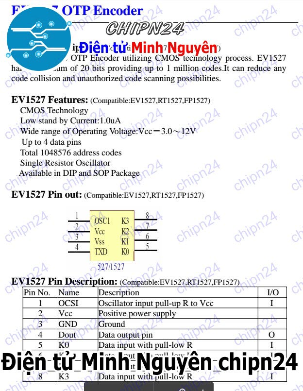 [3 con] (SOP) IC Dán EV1527 SOP-8 (SMD) (1527 OTP Encoder) - HH002249