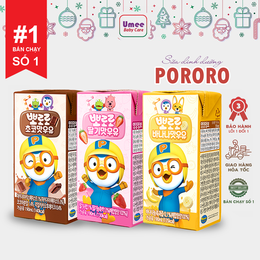 Sữa dinh dưỡng pororo hàn quốc vị chuối/ dâu/ socola, sữa tươi pororo hộp 190ml