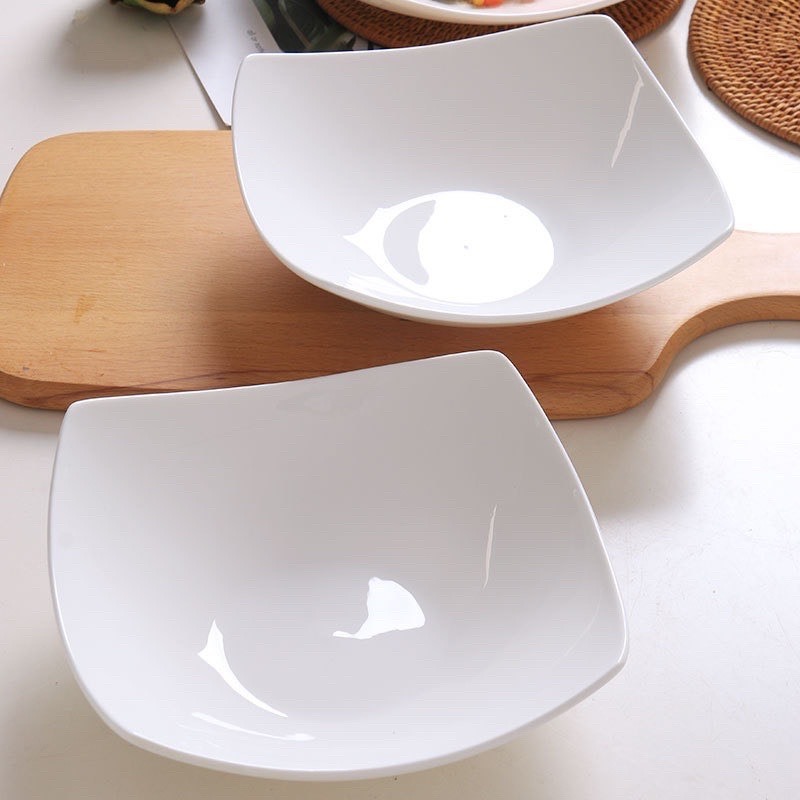 Bộ 2 Dĩa Sứ Vuông Trắng Trơn Sâu Lòng 17cm, Dĩa Decor, Đựng Thức Ăn Tráng Men Cao Cấp Thanh Lịch