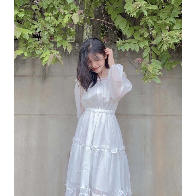 Váy trắng bánh bèo dài tay freesize hàng quảng châu - Đầm, váy nữ |  ThờiTrangNữ.vn