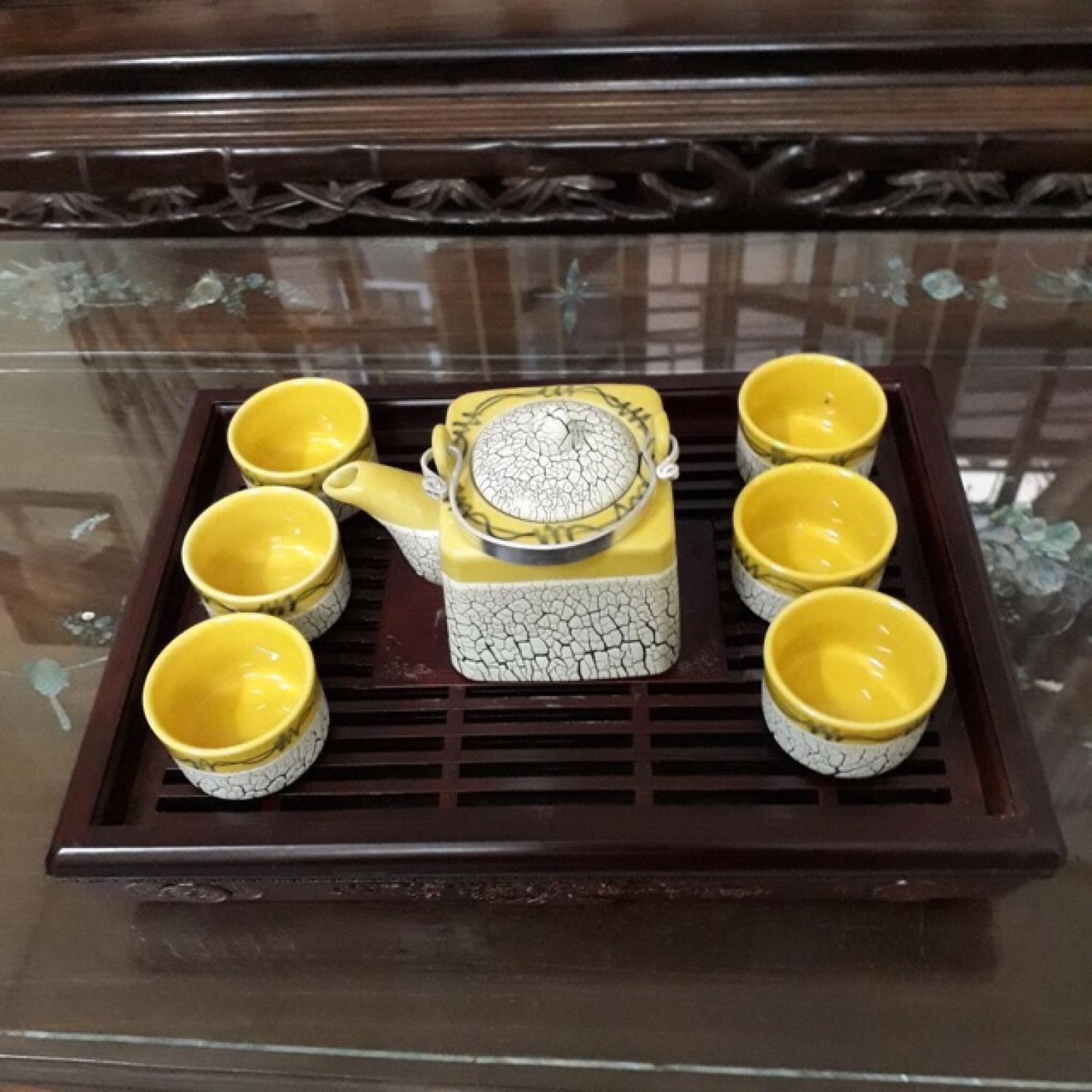 Bộ ấm chén men rạn dáng vuông kèm khay