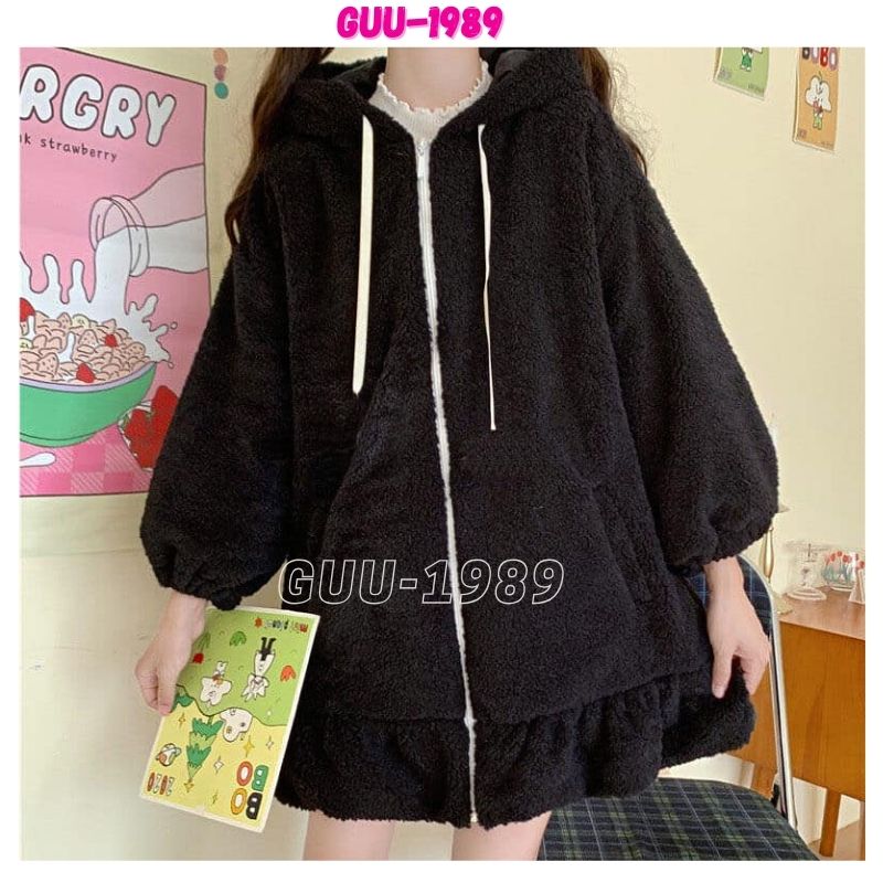 Váy lông tiểu thư có mũ gắn tai thỏ dài tay dáng rộng ngắn xòe phong cách ngọt ngào cute xinh xắn hot - guu1989 vl01