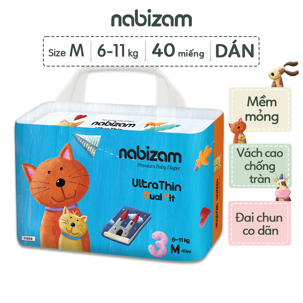 Tã Dán Nabizam Ultra Thin Nội Địa Hàn, Thấm Hút Nhanh, Đai Chun Mềm Mại, Chống Tràn Size M 40 Miếng Cho Bé Từ 6-11kg