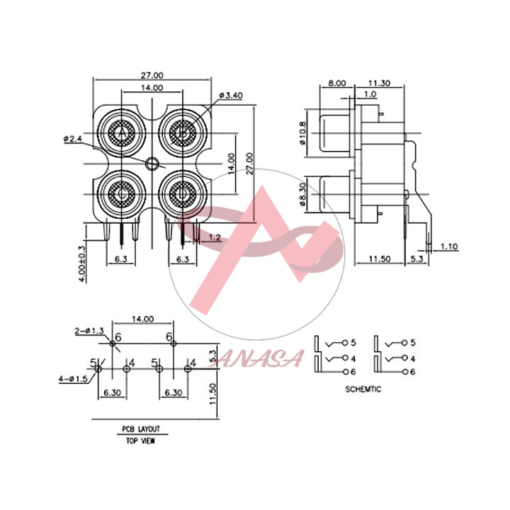 Jack AV Âm Thanh Audio 4 Lỗ 2 Trắng 2 Đỏ RCA-407
