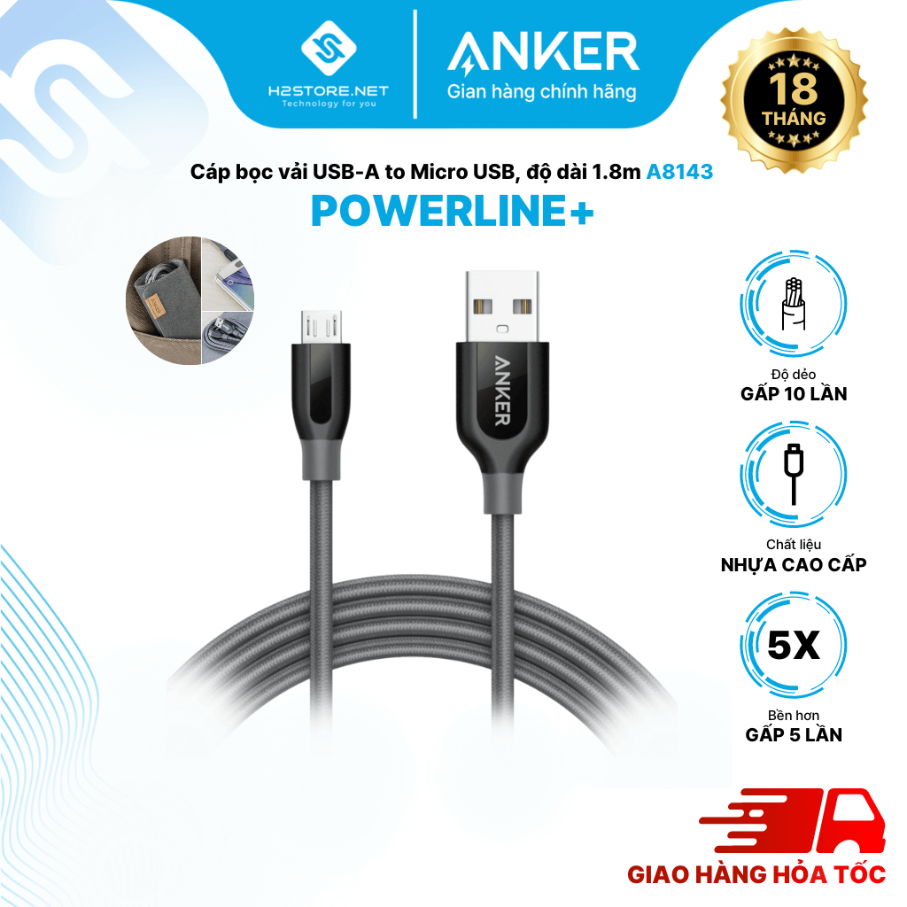 Cáp sạc ANKER PowerLine+ Micro USB dài 1.8m - [Có bao da] - A8143