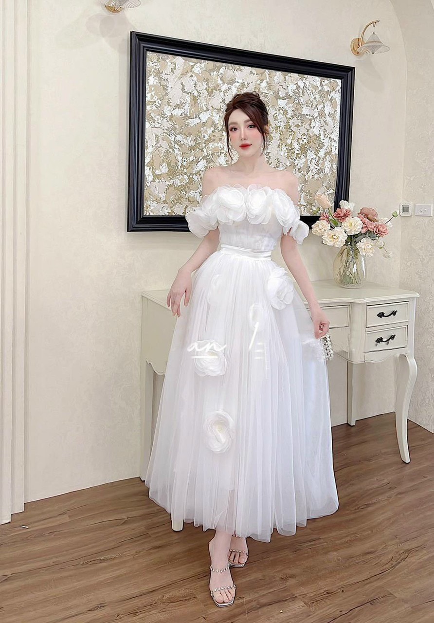 Đầm xoè công chúa TRIPBLE T DRESS trễ vai phối bông hoa siêu dễ thương - size S/M/L - MS28V