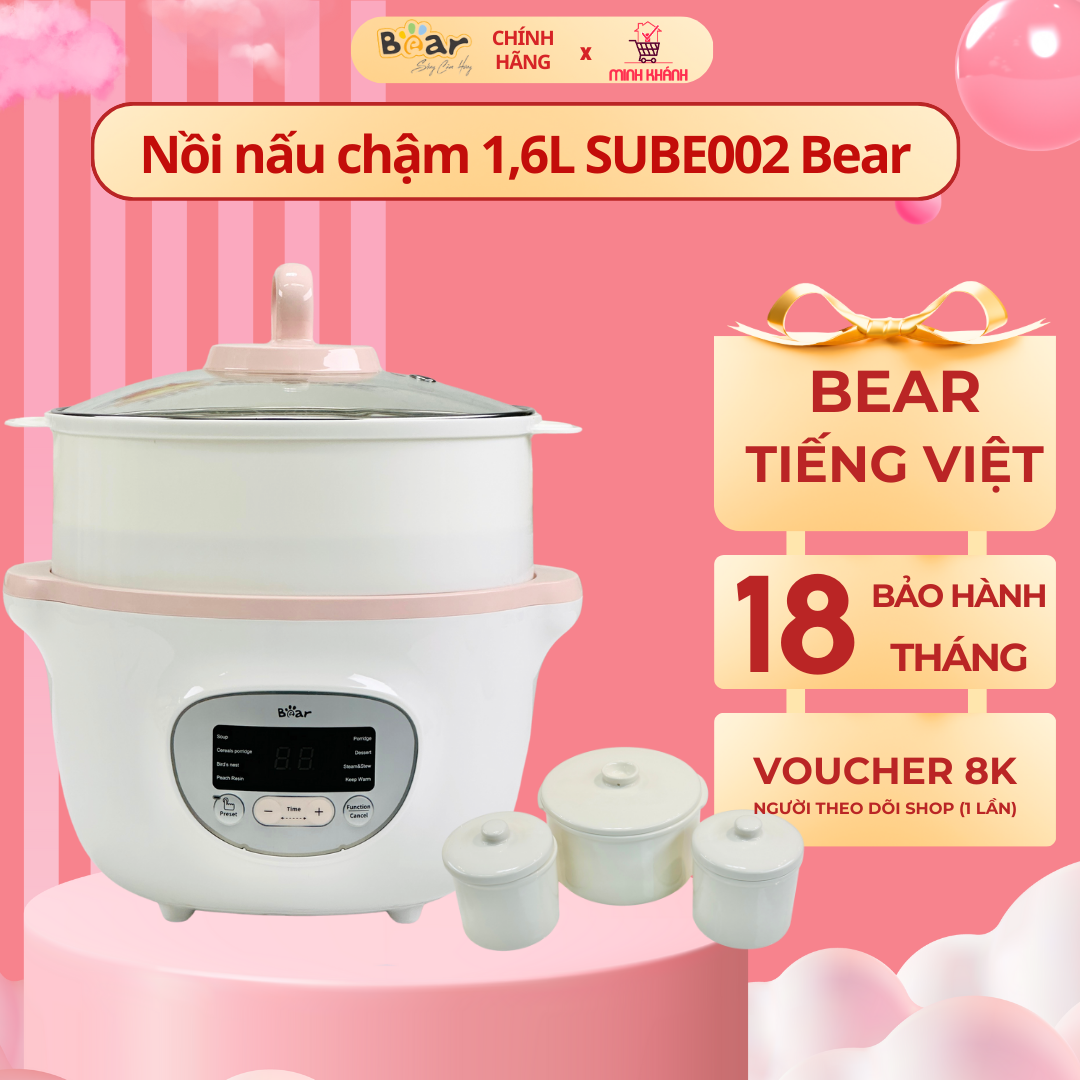 Nồi nấu chậm 1,6L SUBE002 Bear - Giữ nguyên dưỡng chất, 3 thố tiện lợi, hẹn giờ rảnh tay, nhiều chế độ nấu