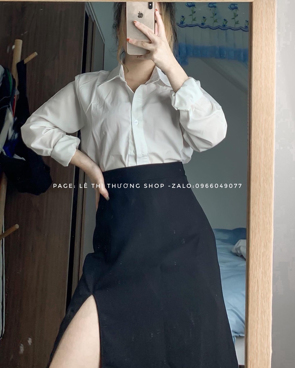 Set váy xẻ tà + sơ mi tay dài