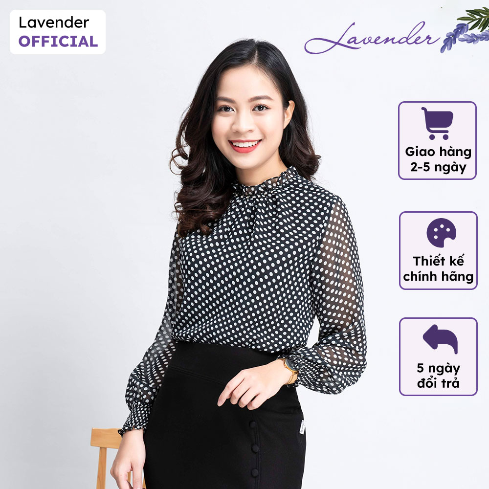 Áo sơ mi công sở nữ chấm bi lavender cổ nhún tay dài a91