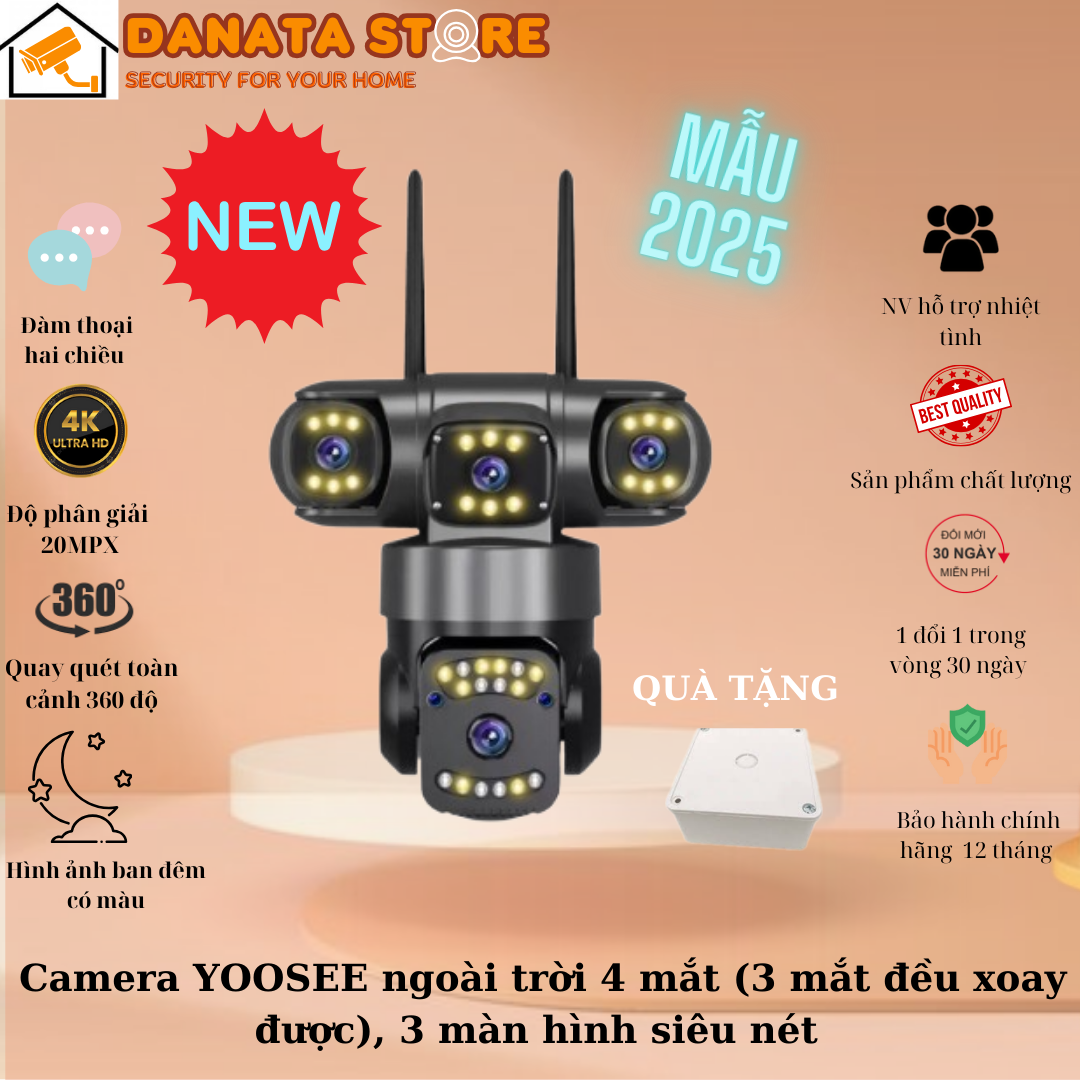 (Mẫu 2026) Camera YOOSEE WIFI ngoài trời 4 mắt 3 màn hình 30MPX tích hợp LED siêu nét - Hàng nhập khẩu